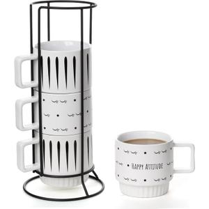 Porcelain Demitasse Espresso Cups, 11 Ounce Stackable Ceramic Espresso Mugs Set of 4, Marble Cups for Latte Coffee Cafe Mocha Tea