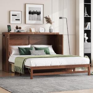 KEIKI Queen Size Cabinet Murphy Bed with Charging Station and Drawer, Multiple Storage Foldable Hideaway Wall Murphy Bed Frame with Solid Slat, No Box Spring Needed, Easy Assembly, for Bedroom, Walnut