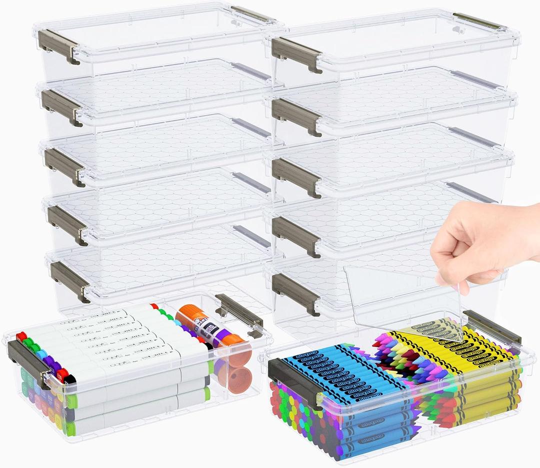 12 Pack Extra Large Pencil Box with Removable Divider, Thickened Pencil Case Bulk, Clear Crayon Marker Organizer Stackable Plastic Small Storage Containers for Pen Craft School Supplies(Grey)