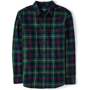 The Children's Place Mens Long Sleeve Button Up Shirt (Large, Spruce Plaid Flannel - Dad)