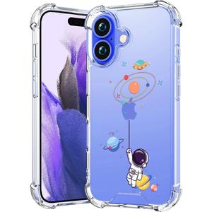 Compatible with iPhone 16 Case Clear Cute for Women - Rugged Phone Cases Funda Protector Cover Skin (Blue Planets Galaxy Astronaut)