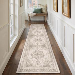 Runner Rug 2x10 Beige Hallway Washable Carpet Non Slip Vintage Medallion Carpet Low Pile Soft Distressed Retro Indoor Long Rug for Entryway Kitchen Bathroom Laundry Bedroom