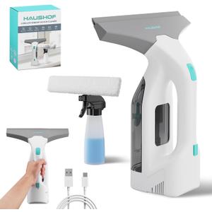 HAUSHOF Electric Window Vacuum Squeegee 11", Vacuum Squeegee Cordless Cleaner Tool Set, Window Vac with 300ml Spray Bottle & 100ml Water Tank for Mirror, Countertop, Showers