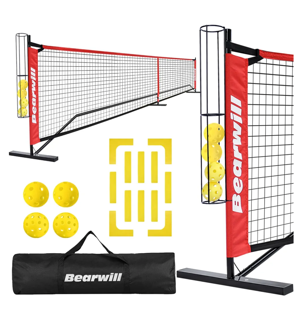 Pickleball Net, 22 FT Pickleball Net for Driveway, Regulation Size Portable Pickle Ball Net for Outdoor Backyard, Steady Metal Frame with Court Marker, Ball Holder, 4 Pickleballs & Carry Bag