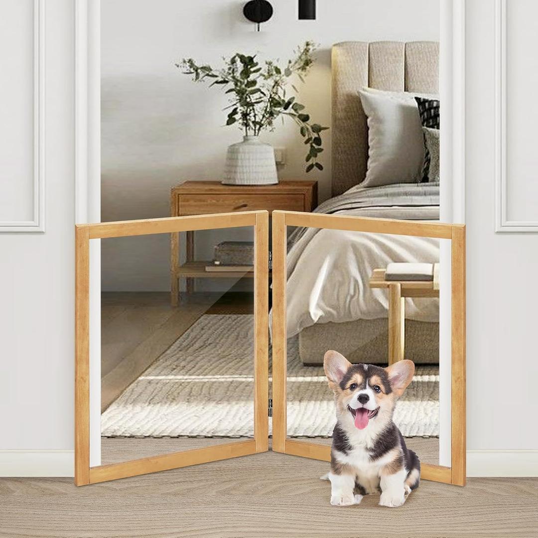 LZRS Clear Dog Gate for Indoor Use - Transparent Pet Fence with Solid Hardwood and Plastic Board, Stylish & Durable freestanding Pet Gate for Doorways, Stairs and Hallways-2 Panel Natural