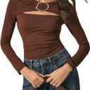 Floerns Women's Going Out Cut Out T Shirts Metal Ring Long Sleeve Casual Tee Shirts (L)