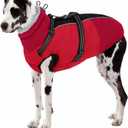 SUNFURA Dog Coat, XXXL Dog Jacket with Harness Built in, Waterproof Pet Winter Coat Snowsuit with Zip, Reflective Fleece Jacket for Extra Large Dogs, Great Dane, Red 3XL