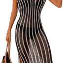 GORGLITTER Women's Crochet Swimsuit Coverups Dress Striped Short Sleeve Beach Vacation Summer Cover Up Dresses 2025 XXL