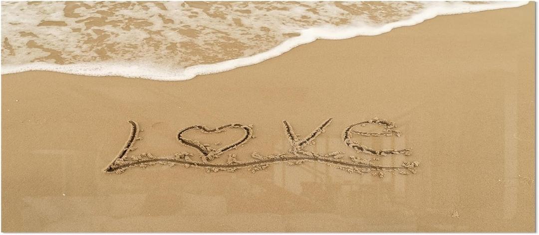 Design Art Love Written on Sandy Seashore Contemporary Seascape Metal Wall Art, 28x12