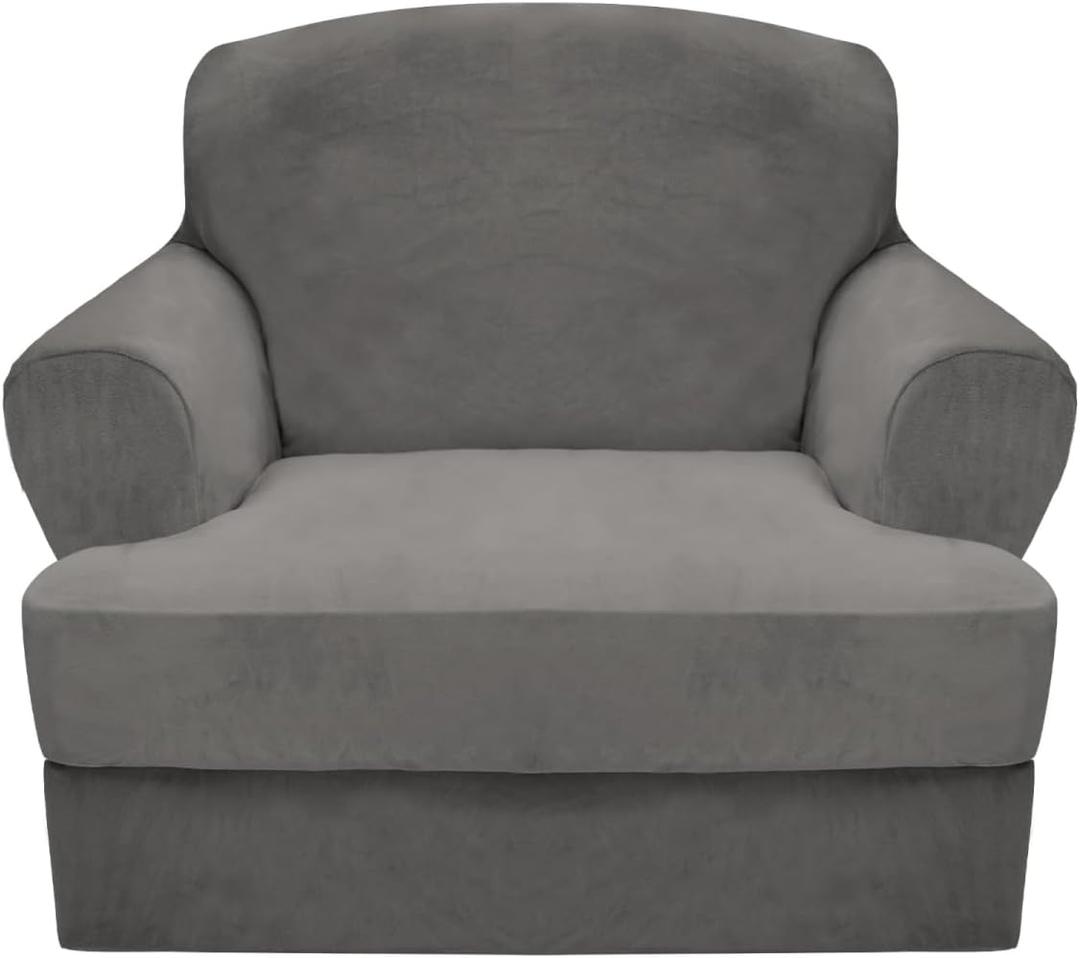 CUCRAF T Cushion Sofa Cover 2 Piece Armchair Slipcovers, Soft Thick Velvet Couch Cover for Living Room, Washable High Stretch Furniture Protector with 1 Cushion Chair Slipcover (Chair, Grey)