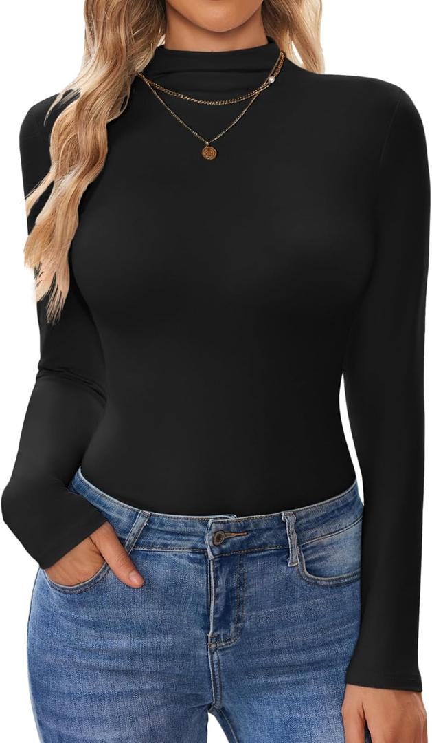 Ekouaer Turtleneck Shirt Women Long Sleeve Mock Neck Slim Fit Tops Thermal Base Layer Soft Lightweight Stretch Undershirts, L
