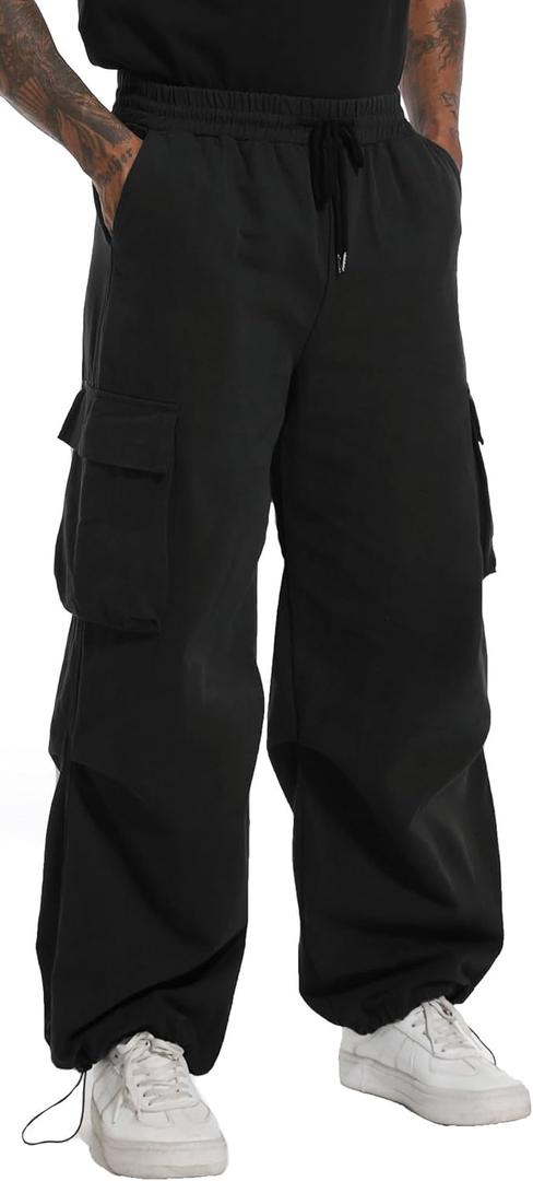 AITFINEISM Men's Casual Cargo Pant Elastic Waist Drawstring Streetwear Parachute Pants (42, Black)