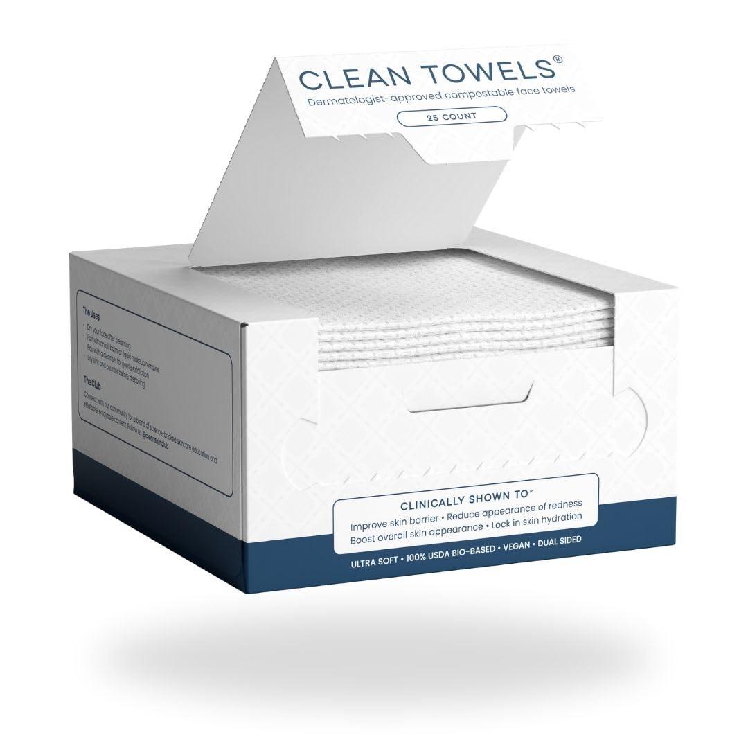 Clean Skin Club Clean Towels, 100% USDA Biobased Dermatologist Approved Face Towel, Disposable Clinically Tested Face Towelette, Facial Washcloth, Ultra Soft Makeup Remover Dry Wipes, 1 pack, 25 ct