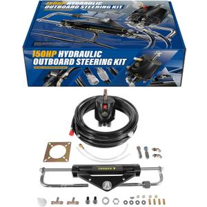 150HP Hydraulic Outboard Steering Kit Boat Marine System for Single Station, Single-Engine use Built-in Two-Way Lock Cylinder, 150HP Pump and High-Strength Nylon Hose