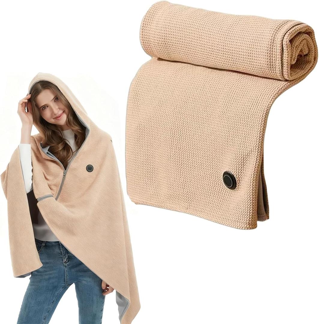 Heated Blanket, Heated Shawl Wraps for Women, Portable Heated Shawl, Portable USB Hooded Heated Blanket Shawl, Soft Zipper Shaw-l Wraps for Women with 3 Heating Levels for Outdoor, Home