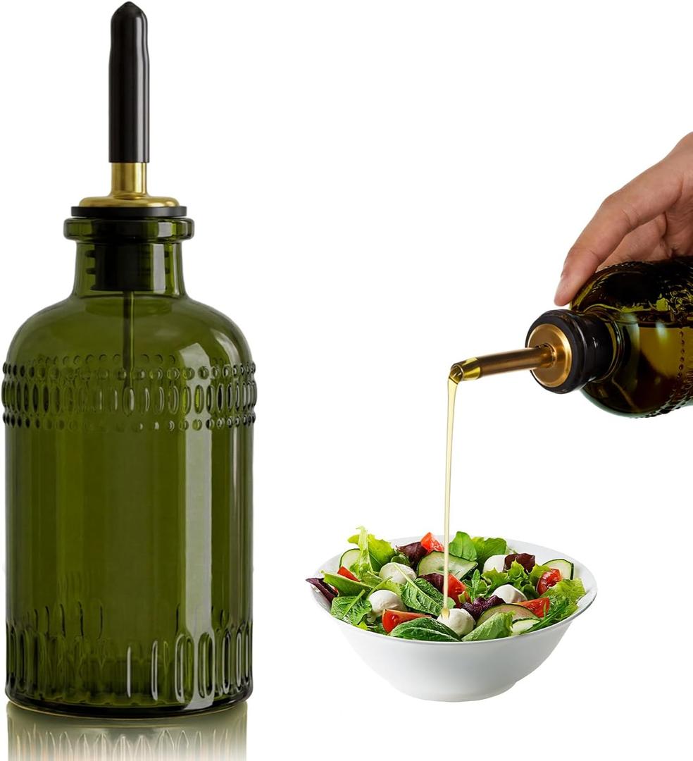 1 Pack Olive Oil Dispenser 7oz, Olive Green Glass Bottle with Metal Spout and Lid, Elegant Kitchen Small Oil and Vinegar Cruet for Cooking, Salad, Baking