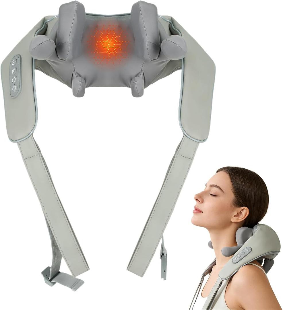 Neck Massager with Heat,Cordless Therapexa Neck & Shoulder Massager,6D Deep Kneading Shiatsu Massager for Back,Shoulder & Leg Pain Relief(Upgraded 8D,Grey)