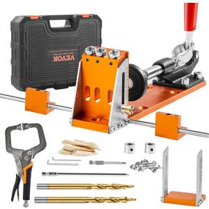 VEVOR Pocket Hole Jig Kit, 34 Pcs Pocket Hole Jig System with 11" C-clamp, Fixture, Step Drills, Wrenches, Drill Stop Rings, Square Drive Bits, Toolbox, for DIY Carpentry Projects, Adjustable