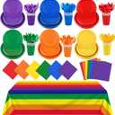 169 Pieces Rainbow Party Supplies Disposable Dinnerware Set Include Plates and Cups Napkins Plastic Forks Knives Spoons Tablecloth for Wedding Birthday Party Decorations, Serve 24 Guests
