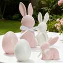 WDS WONDROUS Easter Decorations Set of 5, 3 Flocked Bunny Figurines & 2 Egg Statues, Resin Sculptures Tabletop Decor for Spring Farmhouse Mantel, Pink & White Easter Bunny Gifts, Cute Home Decor