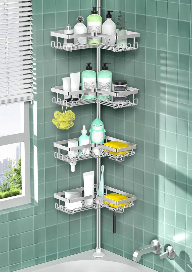 Shower Caddy Tension Pole - Corner Shower Shelves with Soap Holder Bathroom Shower Organizer for Tub (Stainless Steel, Silver, Floor to Ceiling 25-114.2 inch)