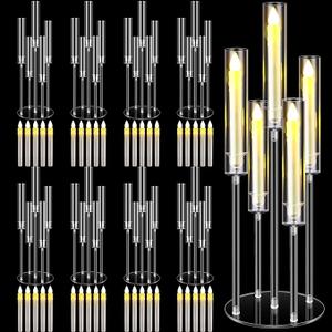 5 Arm Acrylic Clear Candelabra Centerpieces for Tables Candle Candelabra Candlesticks Holders with LED Candles and Shade for Wedding Party Fireplace Decoration(8 Sets)