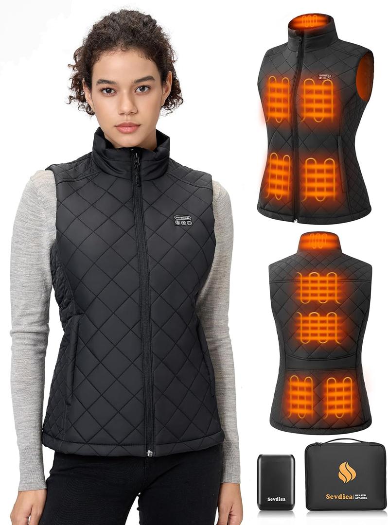 Women's Quilted Heated Vest with Battery Pack 16000mAh 7.4V, Warming Heated Vest for Women, Electric Heating Vests (Black), S