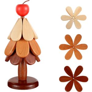 Natural Wooden Tree Trivets for Hot Dishes, Wood Christmas Tree Coaster Set of 3, Tree Shape Trivet, Table Decor Coaster for Home and Restaurant (Apple)