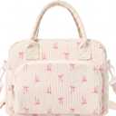 Dansydaisy Pink Bow Lunch Bag for Women, Corduroy Lunch Box with Strap