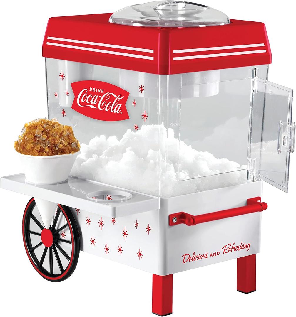 Nostalgia Coca-Cola Snow Cone Machine Retro Table-Top Snow Cone Maker with Stainless Steel Blades Slushie Machine Includes 2 Reusable Plastic Cups & Ice Scoop, Makes 20 Icy Treats - White & Red