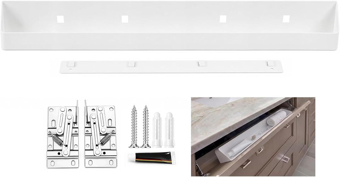 Zonon 1 Set 25 Inch Tip Out Sink Tray with Hinges, Kitchen Drawer Organizer
Metal Tip out Tray with Hinges, Mounting Plate, Screws, Adhesive, Screw-mounted or Drill-free, for Kitchen Bathroom Cabinet