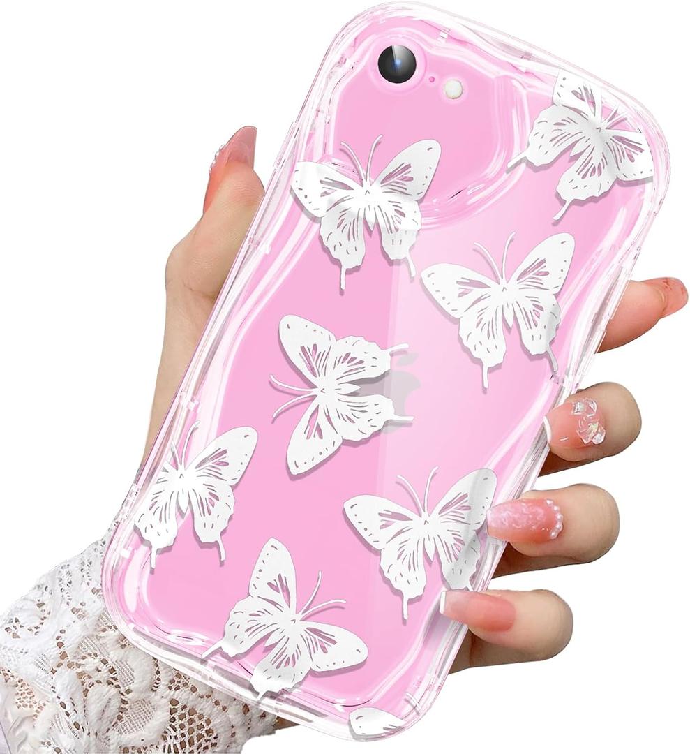 2 x Compatible for iPhone SE/8/7 Case, Pretty Butterfly Print Three-Dimensional Wave Clear Case for Girls Women, Soft Full Package Anti-Fall Cover for iPhone SE/8/7, White Butterfly