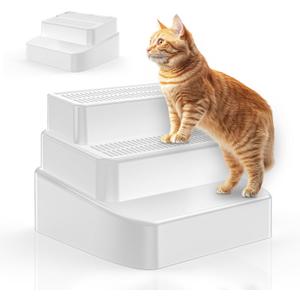 Cat Litter Box Ramp, Adjustable Height 3-Tier Steps, with Sand Filter Feature, Washable and Easy to Clean, White Plastic Cat Ramp for Litter Box, White