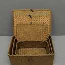 Yesland Shelf Baskets with Lid Set of 3, Handwoven Seagrass Storage Bins Box Rectangular Seagrass Basket Storage Organizer Wicker Basket for Shelf