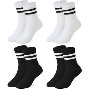American Trends Kids Athletic Boys Girls Crew Socks Toddler Striped Socks School Uniform Socks 4 Pairs  (6-8 Years, Black and White)