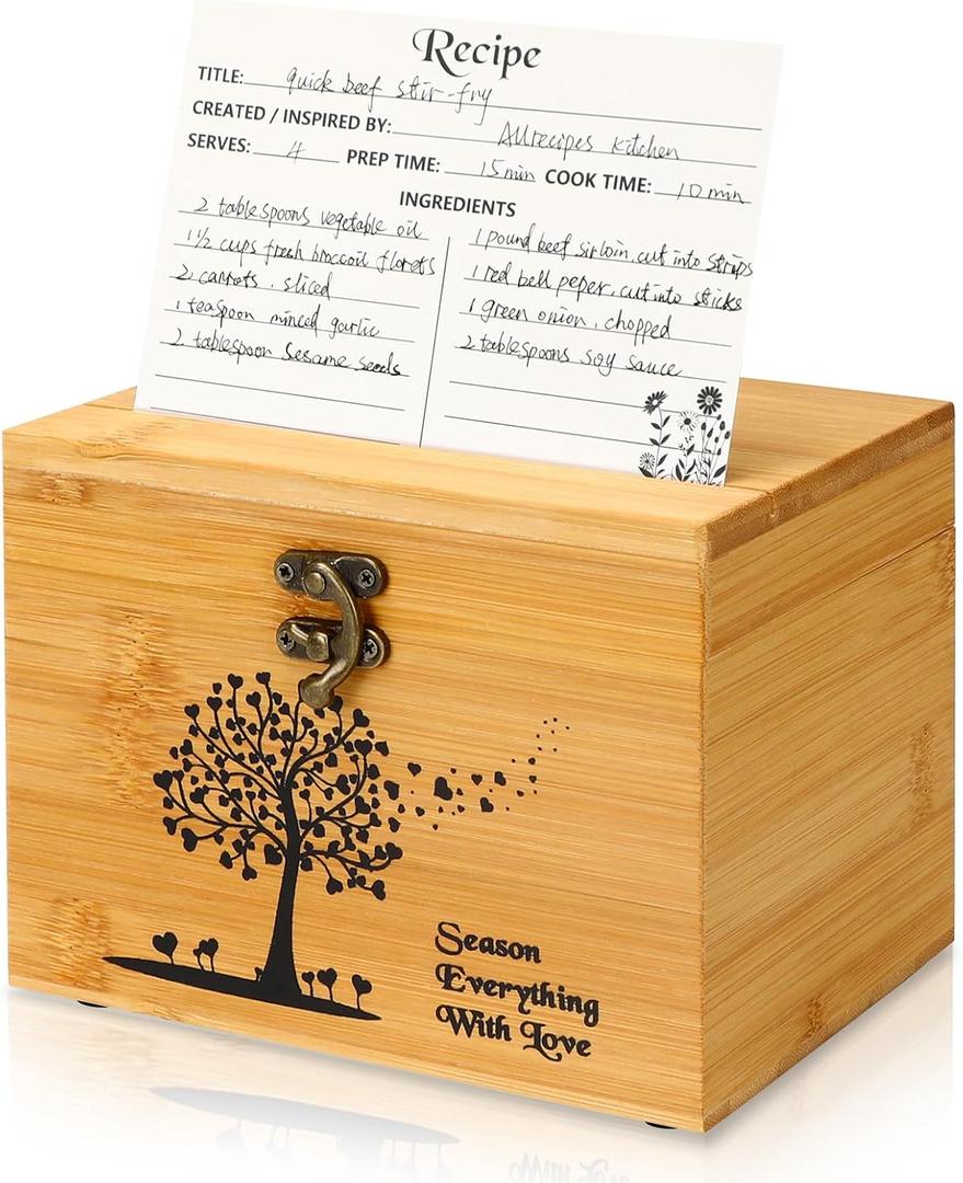 CypherX Bamboo Recipe Box, 4 x 6 Recipe Cards and Box Set, Recipe Organizer w/ 50 Blank Cards, Perfect Housewarming, Bridal Shower Gift