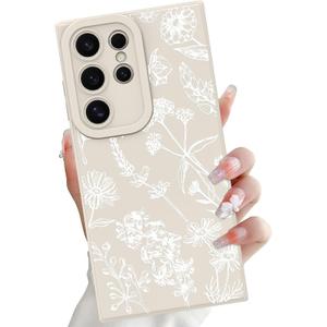 OOK Compatible with Samsung Galaxy S24 Ultra Case, Silicone White Wildflower Floral Cute Pattern, TPU Camera Protection Soft Slim Shockproof Phone Cover for Women Girls- White Wildflower
