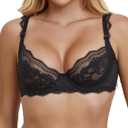 Lace Bra Bralette Push Up Unlined Demi Bras Sheer Mesh Balconette with Underwire (32B, Black)