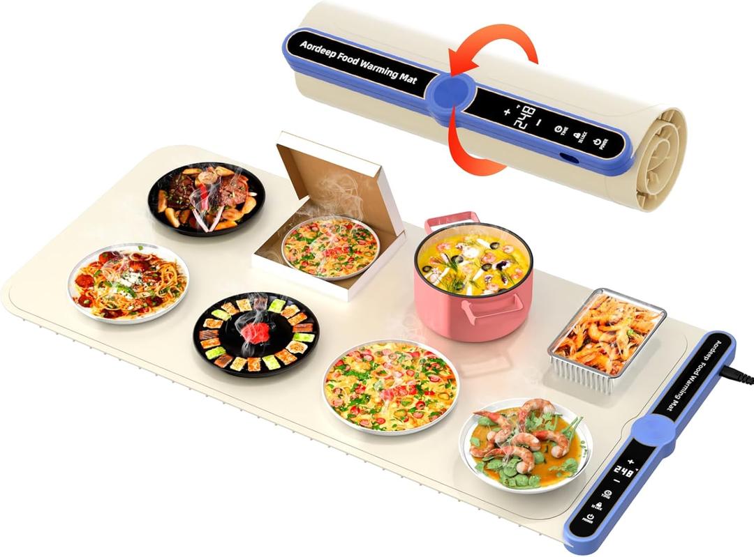 Silicone Food Warmers for Parties Buffet XL:32''X15'' Extra Large Warming Mat for Food 450W Max 248F Portable Rolled-up Even Heating in 8S 9-Level Temp Auto Power Off-Beige