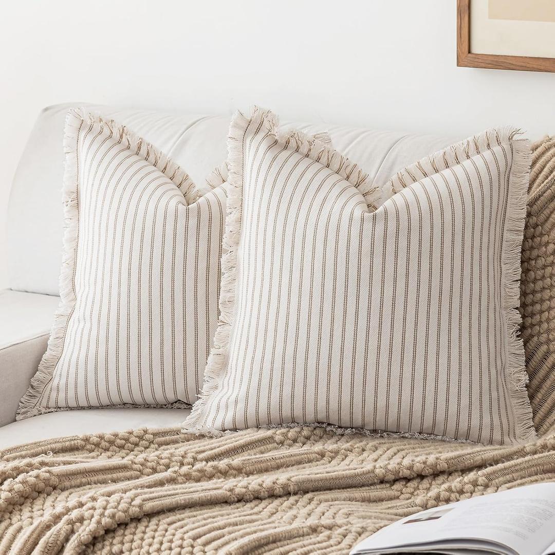 Striped Farmhouse Throw Pillow Covers 20X20 Set of 2 Boho Pillow Cover with Fringe Tassel Chic Cotton Decorative Pillows Modern Neutral Square Cushion Pillowcase for Sofa Couch Bed, Khaki
