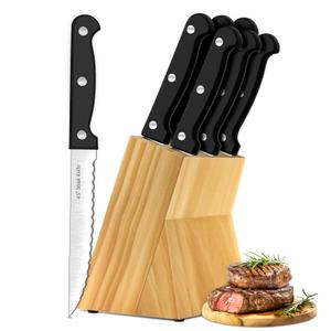 Steak Knives, 7 Pieces Steak Knife Set with Block, High Carbon Stainless Steel, Serrated Silverware Set, Black