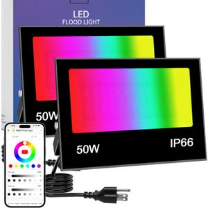 LED Flood Light Outdoor, 50W RGB Color Changing Smart Floodlights 2700K 5000LM Warm White & 16 Million Colors, RGBW Stage Lights with APP Control, 43 Modes, Grouping, Timing, IP66 Waterproof (2 Pack)