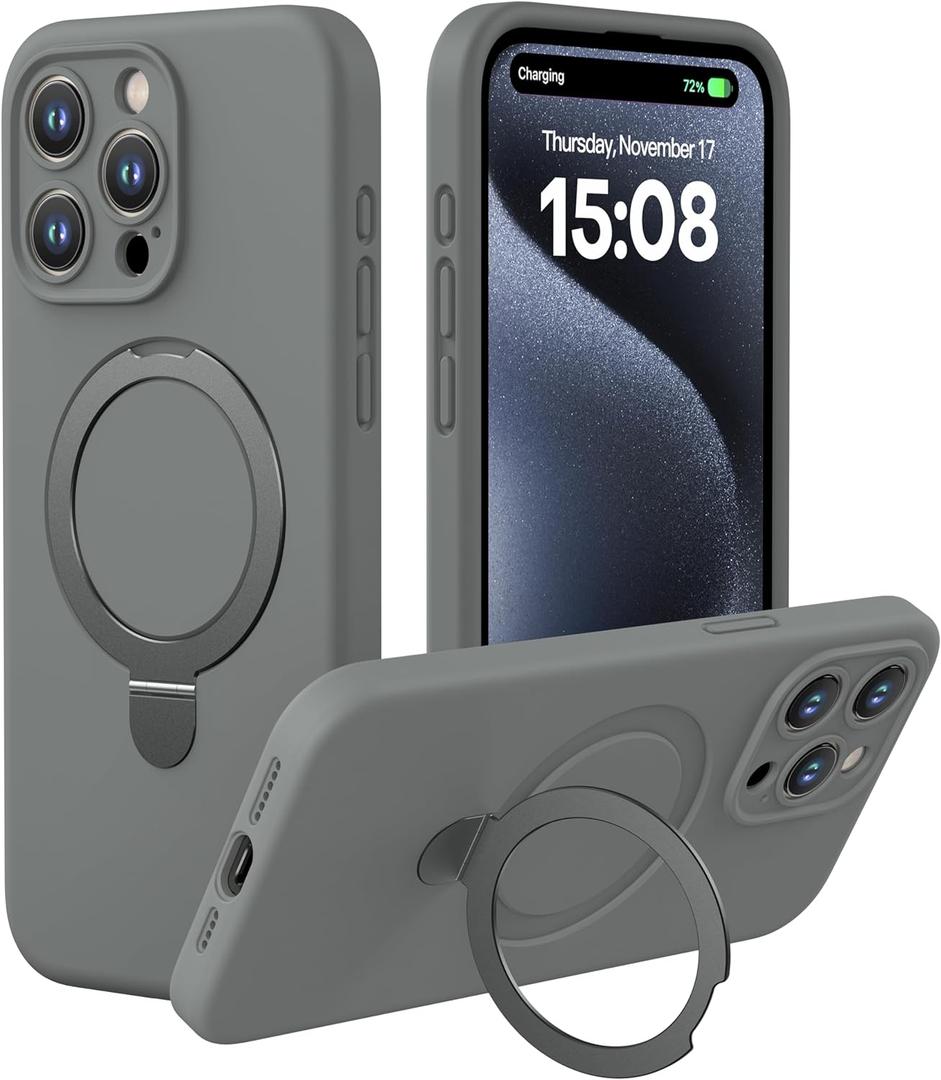 CellEver Strong Magnetic Case for iPhone 15 Pro Max [for MagSafe Charging] [Camera Protection] Heavy-Duty Protection, Soft Grip Silicone Cover with Kickstand, Titanium Gray