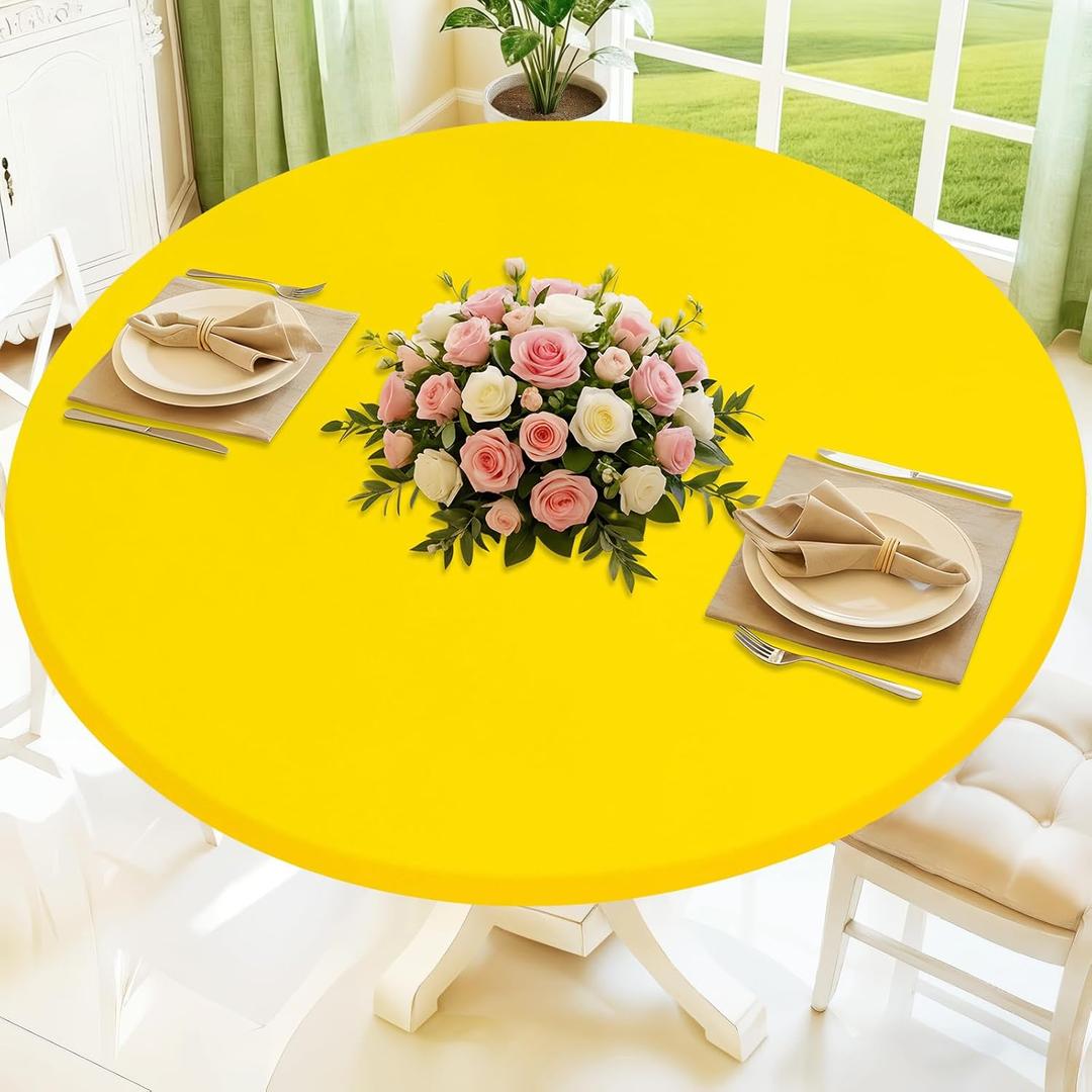 Moosfor Round Spandex Tablecloth, Elastic Fitted Waterproof Tablecloths for 31"-35" Tables, Stretch Washable Picnic Table Cover for Camping, Dining, Indoor and Outdoor, Yellow