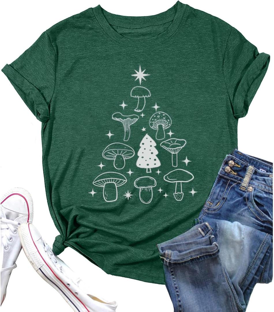 Women Mushroom Shirts Moon Graphic Tees Floral Flowers Printed Aesthetic Hiking Adventure Nature Short Sleeve Shirts (Green, XL)