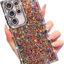 Trendy Girly Glitter Powder Compatible with Sumsung Galaxy Rectangle Case, Elegent Cute Slim Women Bling Diamond Rhinestones Plating Phone Cases(Black,S24 Ultra)