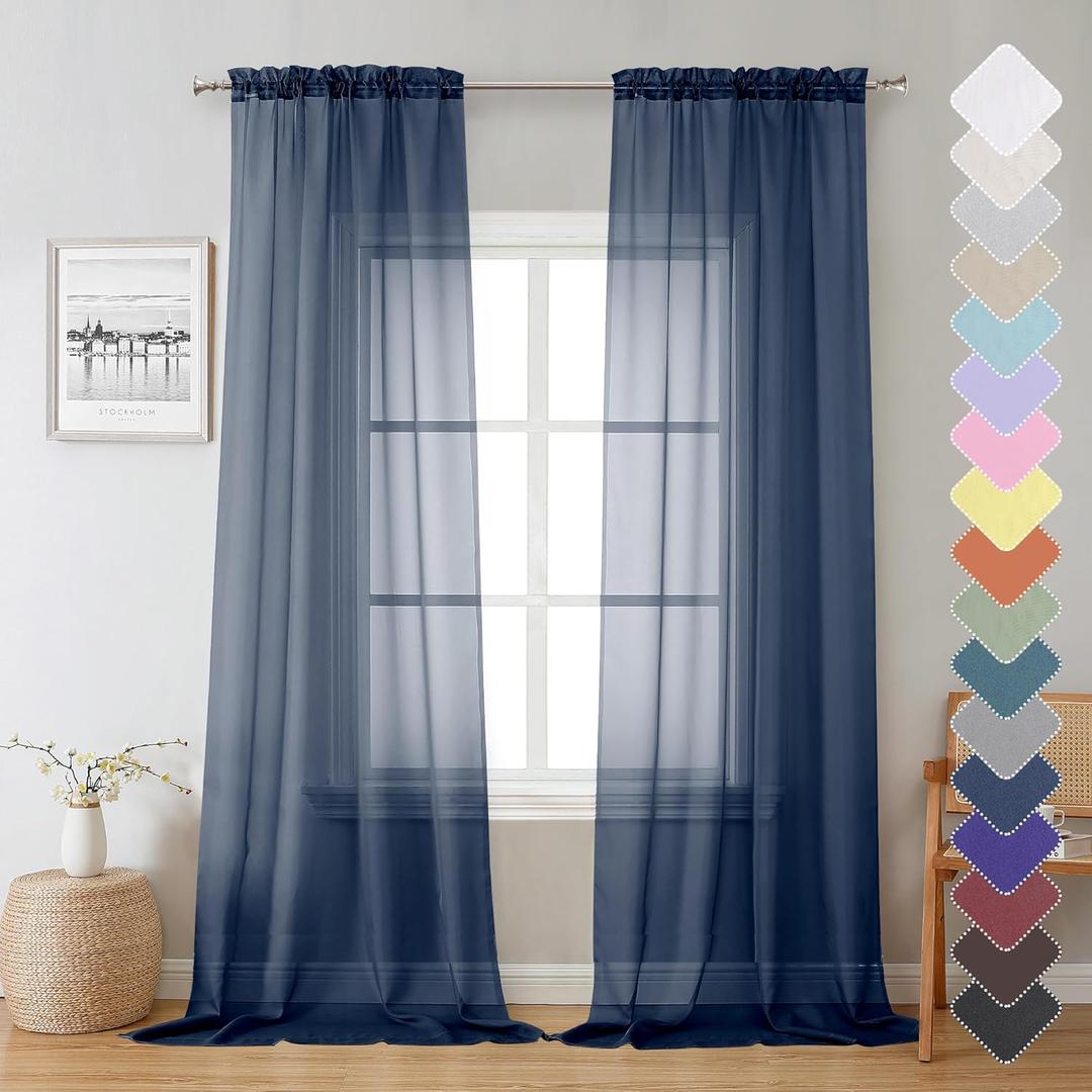 Lecloud Sheer Curtain Panels Set 96" Inches Long, Solid Voile Light Filtering Airy Curtains Window Treatment Drapes for Living Room, 2 Panels Elegant Bedroom Sheer Curtains, Navy Blue, 40" Wx96 L