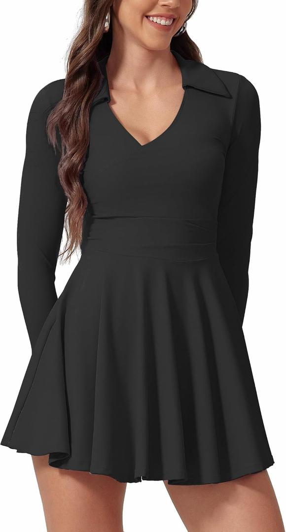 ABOCIW Athletic Dress for Women Collar V Neck Ruched Waist Long Sleeve Tennis Dress with Shorts Workout Golf Active Exercise Dresses with Pocket, Black, XL