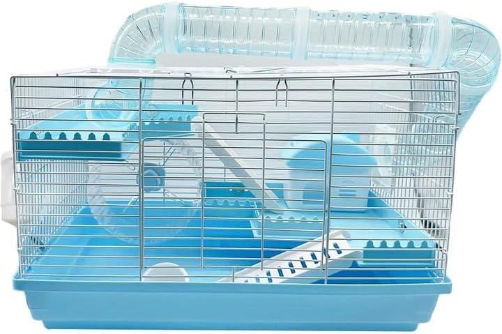 Tfwadmx Dwarf Hamster Cage Small Hamster Habitat Mouse Home Small Animal Cage with Tube Exercise Wheel Hut Rat Habitat for Gerbils Mice 18.5“x11.8”x11.8“ Blue