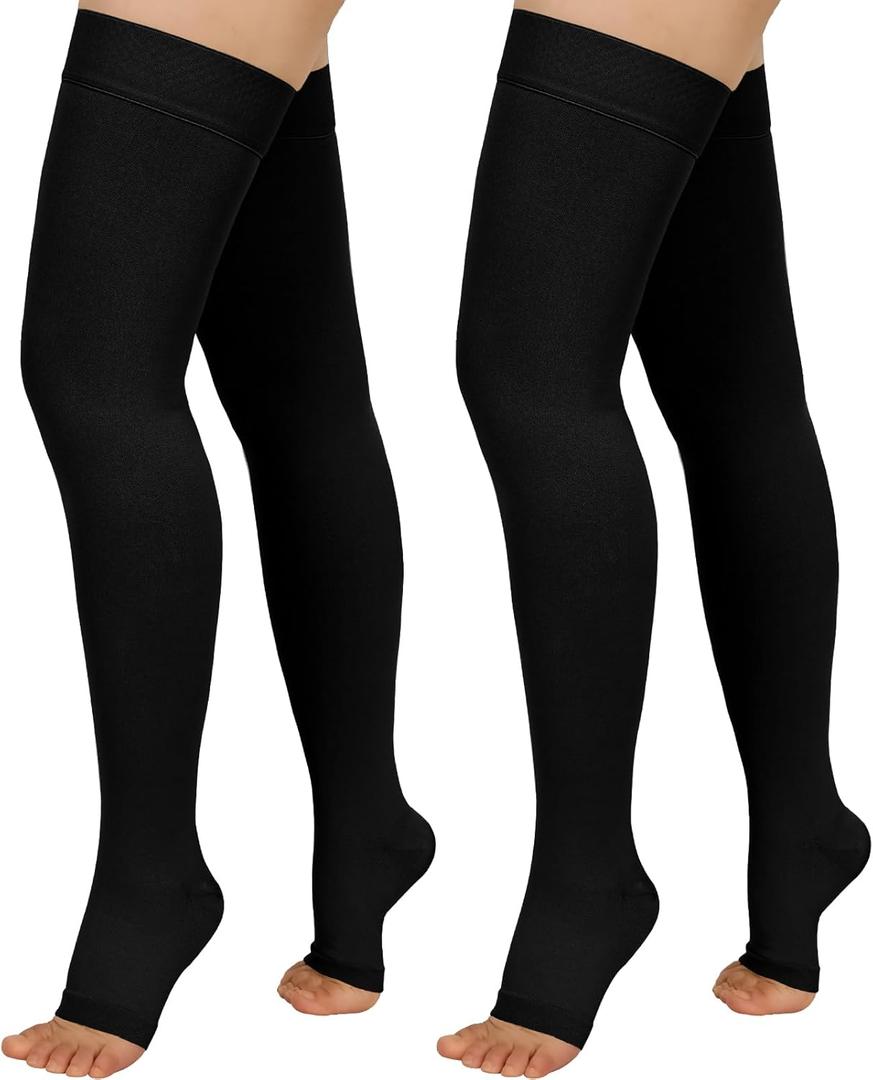 2 Pairs Compression Stockings for Women & Men, 20-30mmHg Thigh High Compression Socks, Open Toe Medical Compression Socks with Silicone Dot Band-Best Support for Nursing Sports Varicose Veins (XX-Large)